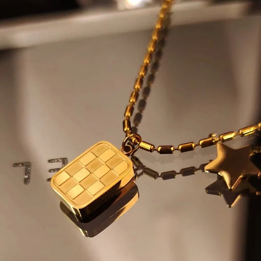 18k chessboard Star Gold plated Necklace